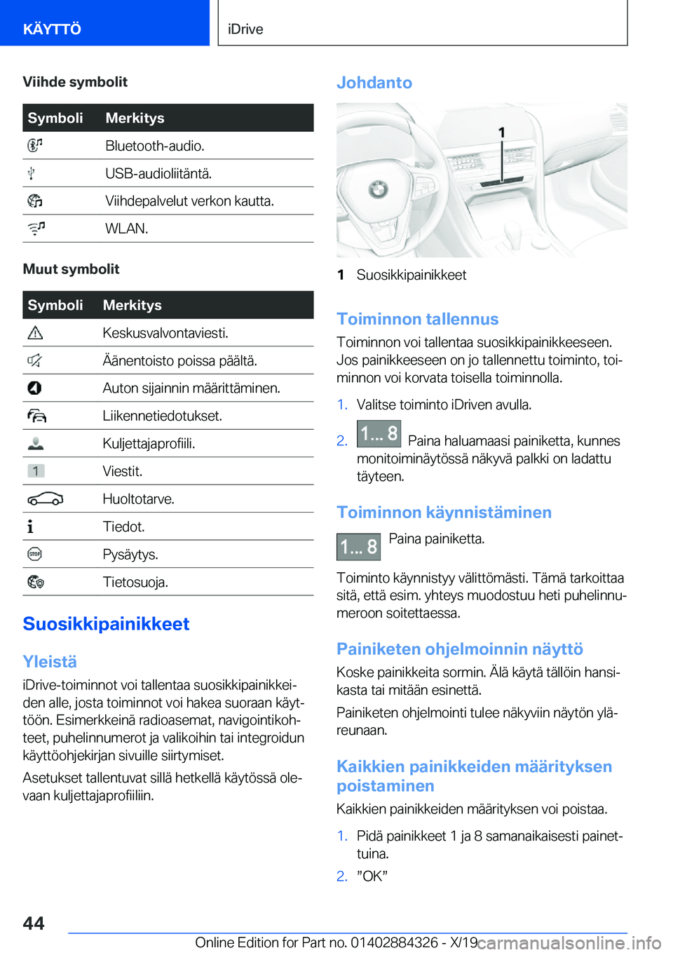 BMW 8 SERIES GRAN COUPE 2020  Omistajan Käsikirja (in Finnish) �V�i�i�h�d�e��s�y�m�b�o�l�i�t�S�y�m�b�o�l�i�M�e�r�k�i�t�y�s��B�l�u�e�t�o�o�t�h�-�a�u�d�i�o�.��U�S�B�-�a�u�d�i�o�l�i�i�t�