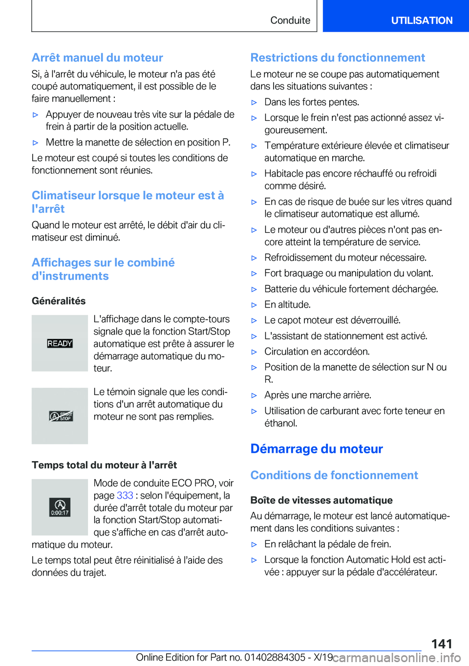 BMW 8 SERIES GRAN COUPE 2020  Notices Demploi (in French) �A�r�r�ê�t��m�a�n�u�e�l��d�u��m�o�t�e�u�r�S�i�,��