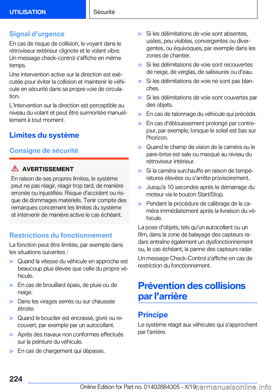 BMW 8 SERIES GRAN COUPE 2020  Notices Demploi (in French) �S�i�g�n�a�l��d�'�u�r�g�e�n�c�e
�E�n��c�a�s��d�e��r�i�s�q�u�e��d�e��c�o�l�l�i�s�i�o�n�,��l�e��v�o�y�a�n�t��d�a�n�s��l�e �r�é�t�r�o�v�i�s�e�u�r��e�x�t�é�r�i�e�u�r��c�l�i�g�n�o�t�e��e