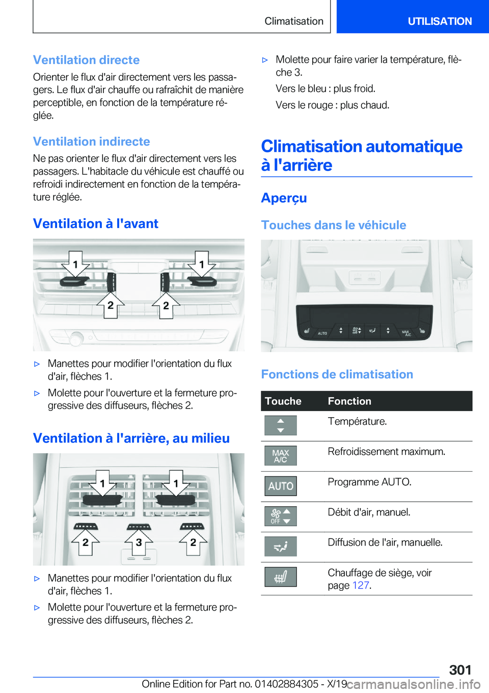 BMW 8 SERIES GRAN COUPE 2020  Notices Demploi (in French) �V�e�n�t�i�l�a�t�i�o�n��d�i�r�e�c�t�e
�O�r�i�e�n�t�e�r��l�e��f�l�u�x��d�'�a�i�r��d�i�r�e�c�t�e�m�e�n�t��v�e�r�s��l�e�s��p�a�s�s�aj �g�e�r�s�.��L�e��f�l�u�x��d�'�a�i�r��c�h�a�u�f�f