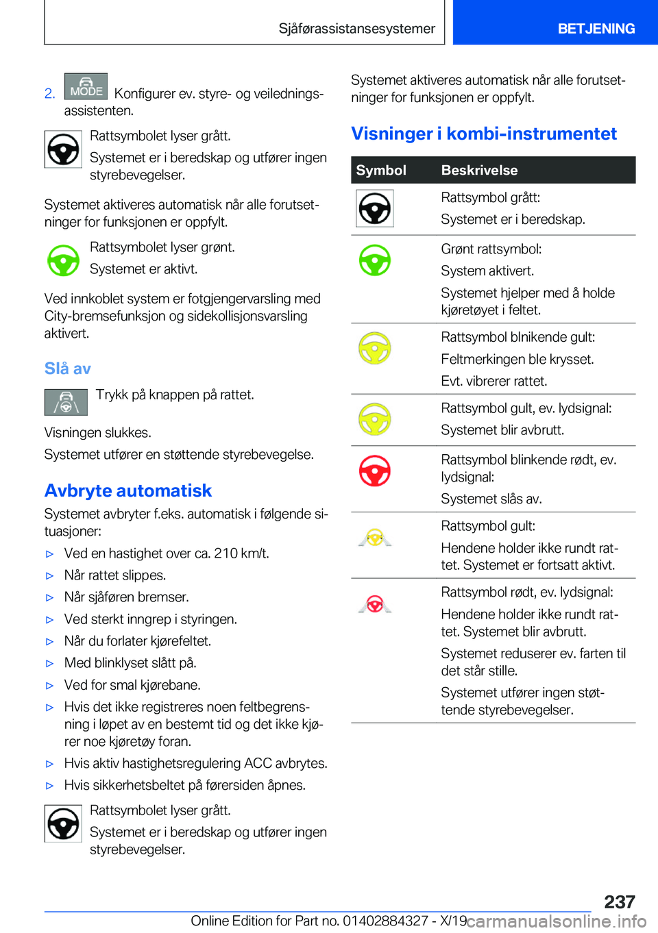 BMW 8 SERIES GRAN COUPE 2020  InstruksjonsbØker (in Norwegian) �2�.���K�o�n�f�i�g�u�r�e�r��e�v�.��s�t�y�r�e�-��o�g��v�e�i�l�e�d�n�i�n�g�sj
�a�s�s�i�s�t�e�n�t�e�n�.
�R�a�t�t�s�y�m�b�o�l�e�t��l�y�s�e�r��g�r�å�t�t�.
�S�y�s�t�e�m�e�t��e�r��i��b�e�r�e�d�s