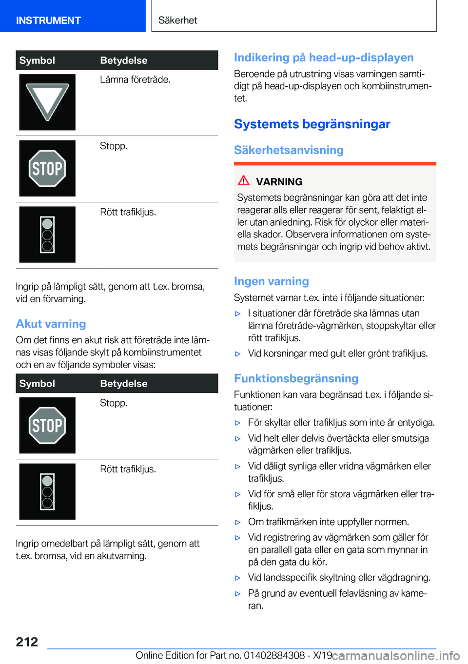 BMW 8 SERIES GRAN COUPE 2020  InstruktionsbÖcker (in Swedish) �S�y�m�b�o�l�B�e�t�y�d�e�l�s�e�L�ä�m�n�a��f�