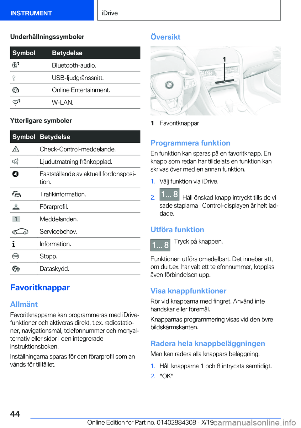 BMW 8 SERIES GRAN COUPE 2020  InstruktionsbÖcker (in Swedish) �U�n�d�e�r�h�å�l�l�n�i�n�g�s�s�y�m�b�o�l�e�r�S�y�m�b�o�l�B�e�t�y�d�e�l�s�e��B�l�u�e�t�o�o�t�h�-�a�u�d�i�o�.��U�S�B�-�l�j�u�d�g�r�ä�n�s�s�n�i�t�t�.��O�n�l�i�n�e��E�n�t�e�r�t�a�i�n�m�e�n�t�.��W�-