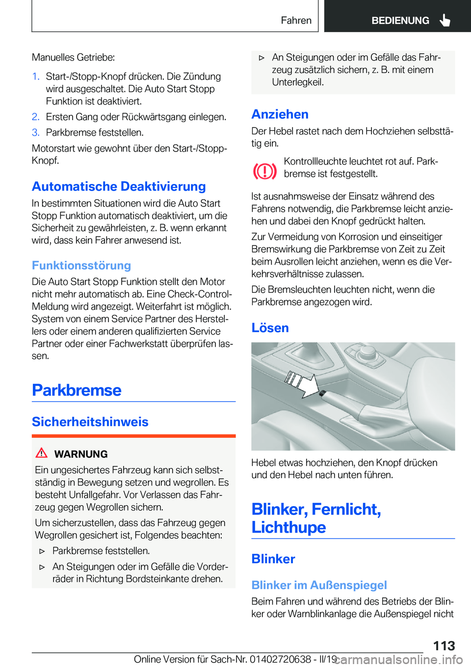 BMW M2 2020  Betriebsanleitungen (in German) �M�a�n�u�e�l�l�e�s��G�e�t�r�i�e�b�e�:�1�.�S�t�a�r�t�-�/�S�t�o�p�p�-�K�n�o�p�f��d�r�