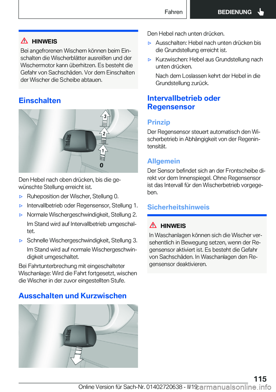 BMW M2 2020  Betriebsanleitungen (in German) �H�I�N�W�E�I�S
�B�e�i��a�n�g�e�f�r�o�r�e�n�e�n��W�i�s�c�h�e�r�n��k�