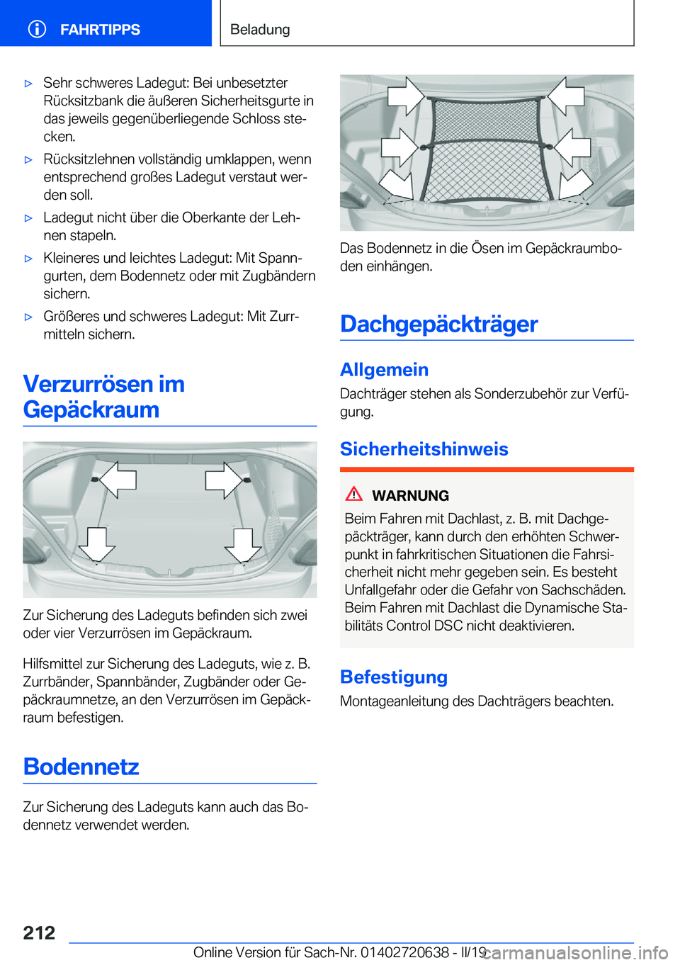 BMW M2 2020  Betriebsanleitungen (in German) 'x�S�e�h�r��s�c�h�w�e�r�e�s��L�a�d�e�g�u�t�:��B�e�i��u�n�b�e�s�e�t�z�t�e�r
�R�