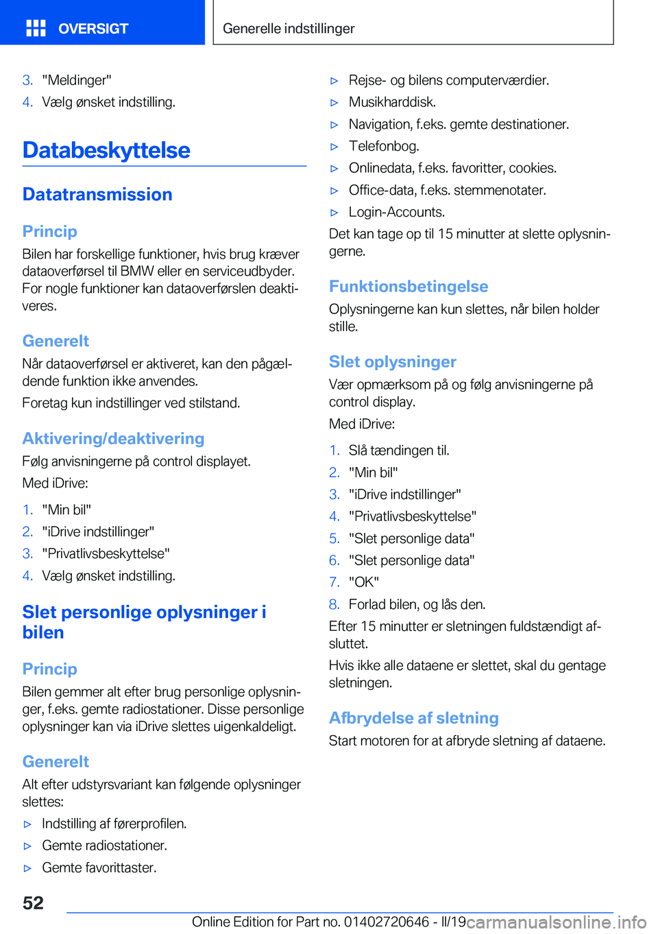 BMW M2 2020  InstruktionsbØger (in Danish) �3�.��M�e�l�d�i�n�g�e�r��4�.�V�æ�l�g��