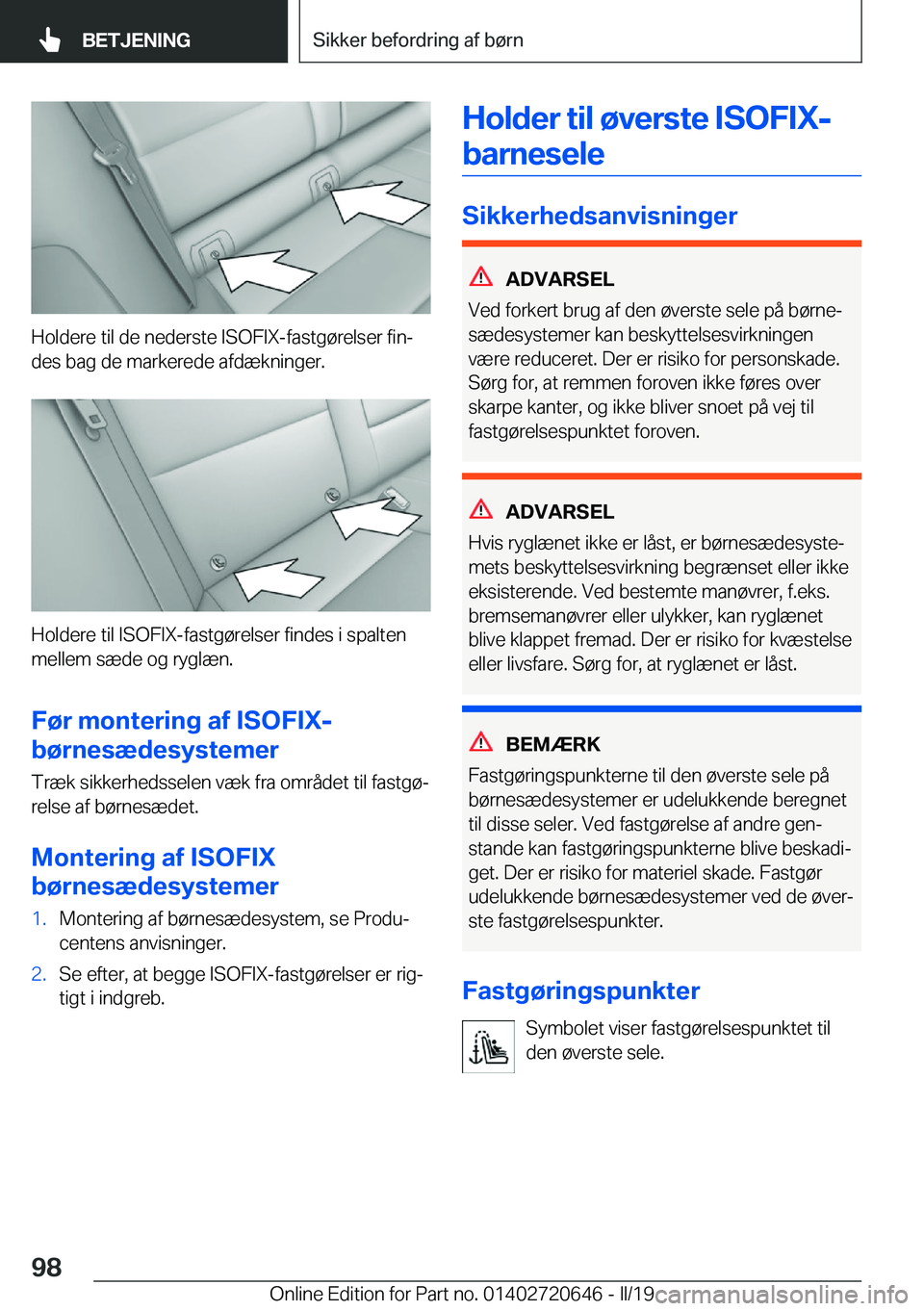 BMW M2 2020  InstruktionsbØger (in Danish) �H�o�l�d�e�r�e��t�i�l��d�e��n�e�d�e�r�s�t�e��I�S�O�F�I�X�-�f�a�s�t�g�