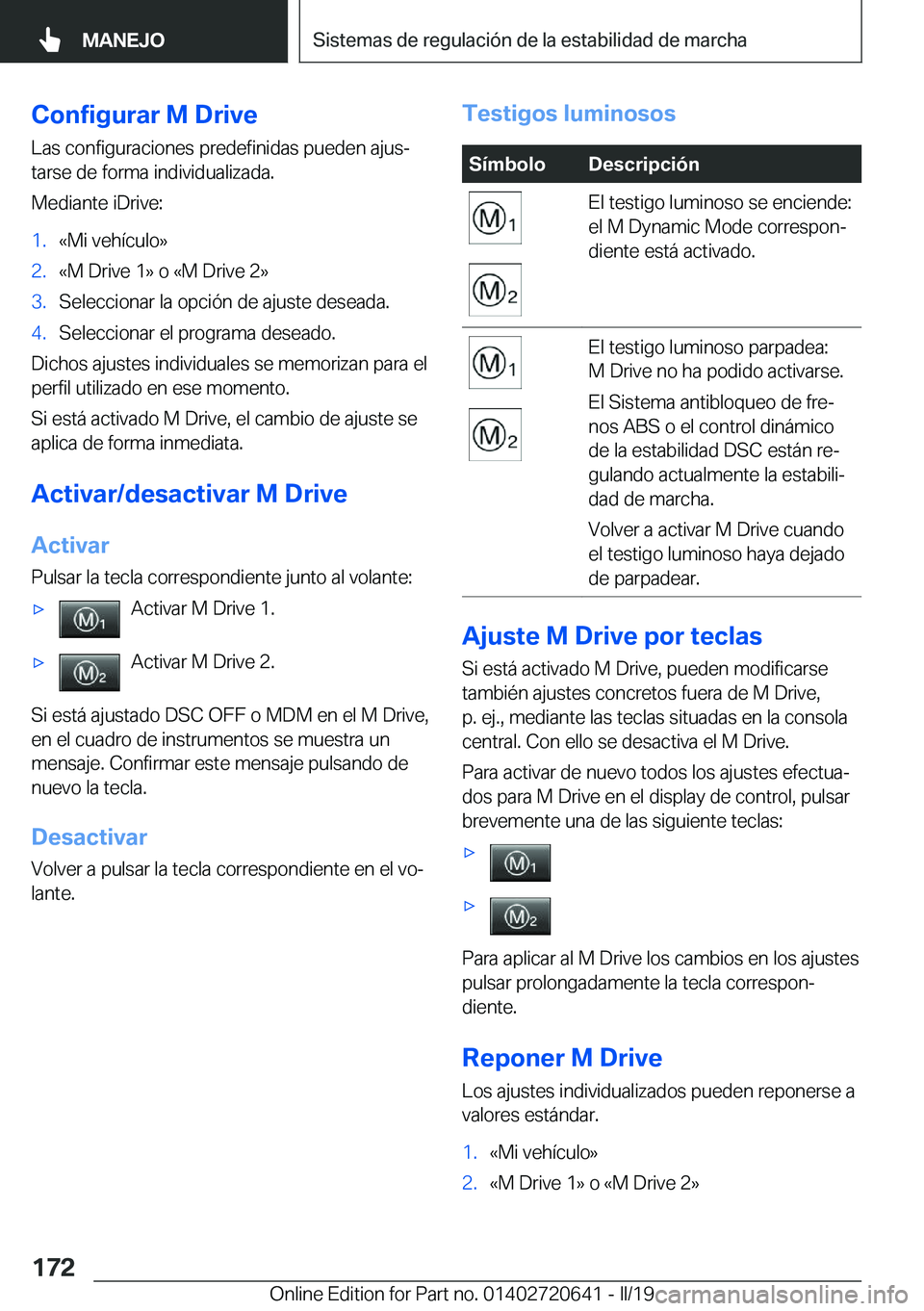 BMW M2 2020  Manuales de Empleo (in Spanish) �C�o�n�f�i�g�u�r�a�r��M��D�r�i�v�e
�L�a�s��c�o�n�f�i�g�u�r�a�c�i�o�n�e�s��p�r�e�d�e�f�i�n�i�d�a�s��p�u�e�d�e�n��a�j�u�sª
�t�a�r�s�e��d�e��f�o�r�m�a��i�n�d�i�v�i�d�u�a�l�i�z�a�d�a�.
�M�e�d�i