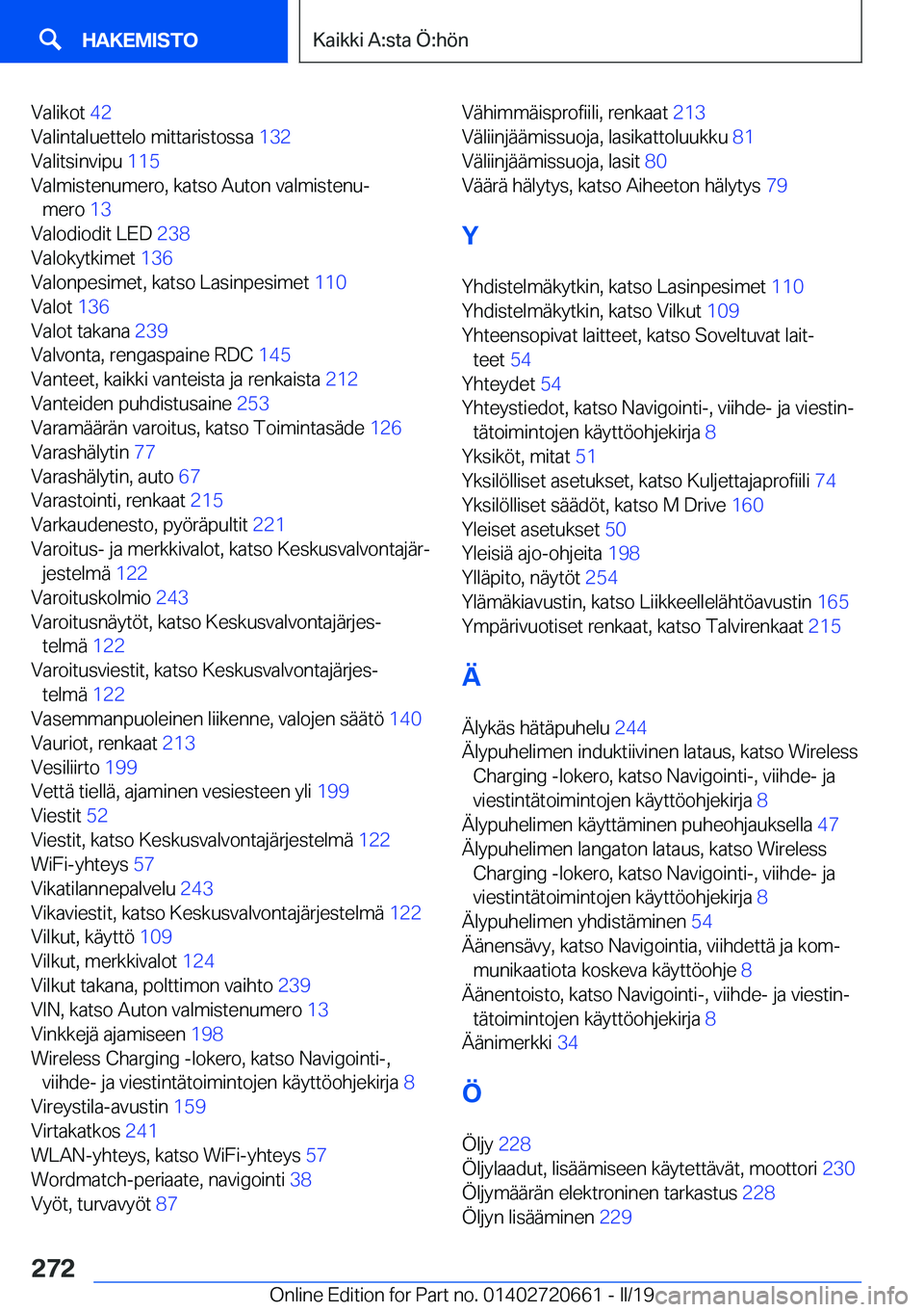 BMW M2 2020  Omistajan Käsikirja (in Finnish) �V�a�l�i�k�o�t��4�2�
�V�a�l�i�n�t�a�l�u�e�t�t�e�l�o��m�i�t�t�a�r�i�s�t�o�s�s�a� �1�3�2�
�V�a�l�i�t�s�i�n�v�i�p�u� �1�1�5�
�V�a�l�m�i�s�t�e�n�u�m�e�r�o�,��k�a�t�s�o��A�u�t�o�n��v�a�l�m�i�s�t�