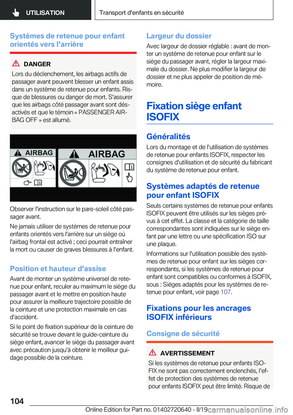 BMW M2 2020  Notices Demploi (in French) �S�y�s�t�è�m�e�s��d�e��r�e�t�e�n�u�e��p�o�u�r��e�n�f�a�n�t
�o�r�i�e�n�t�é�s��v�e�r�s��l�'�a�r�r�i�è�r�e
�D�A�N�G�E�R
�L�o�r�s��d�u��d�é�c�l�e�n�c�h�e�m�e�n�t�,��l�e�s��a�i�r�b�a�g�s�