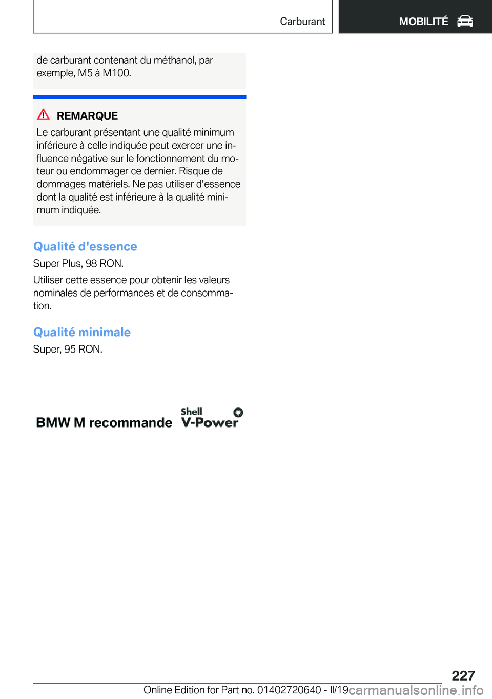 BMW M2 2020  Notices Demploi (in French) �d�e��c�a�r�b�u�r�a�n�t��c�o�n�t�e�n�a�n�t��d�u��m�é�t�h�a�n�o�l�,��p�a�r�e�x�e�m�p�l�e�,��M�5��
