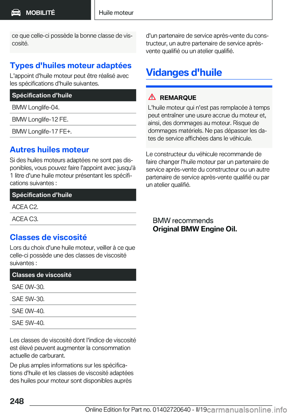BMW M2 2020  Notices Demploi (in French) �c�e��q�u�e��c�e�l�l�e�-�c�i��p�o�s�s�è�d�e��l�a��b�o�n�n�e��c�l�a�s�s�e��d�e��v�i�sj
�c�o�s�i�t�é�.
�T�y�p�e�s��d�'�h�u�i�l�e�s��m�o�t�e�u�r��a�d�a�p�t�é�e�s �L�'�a�p�p�o�i�n�t