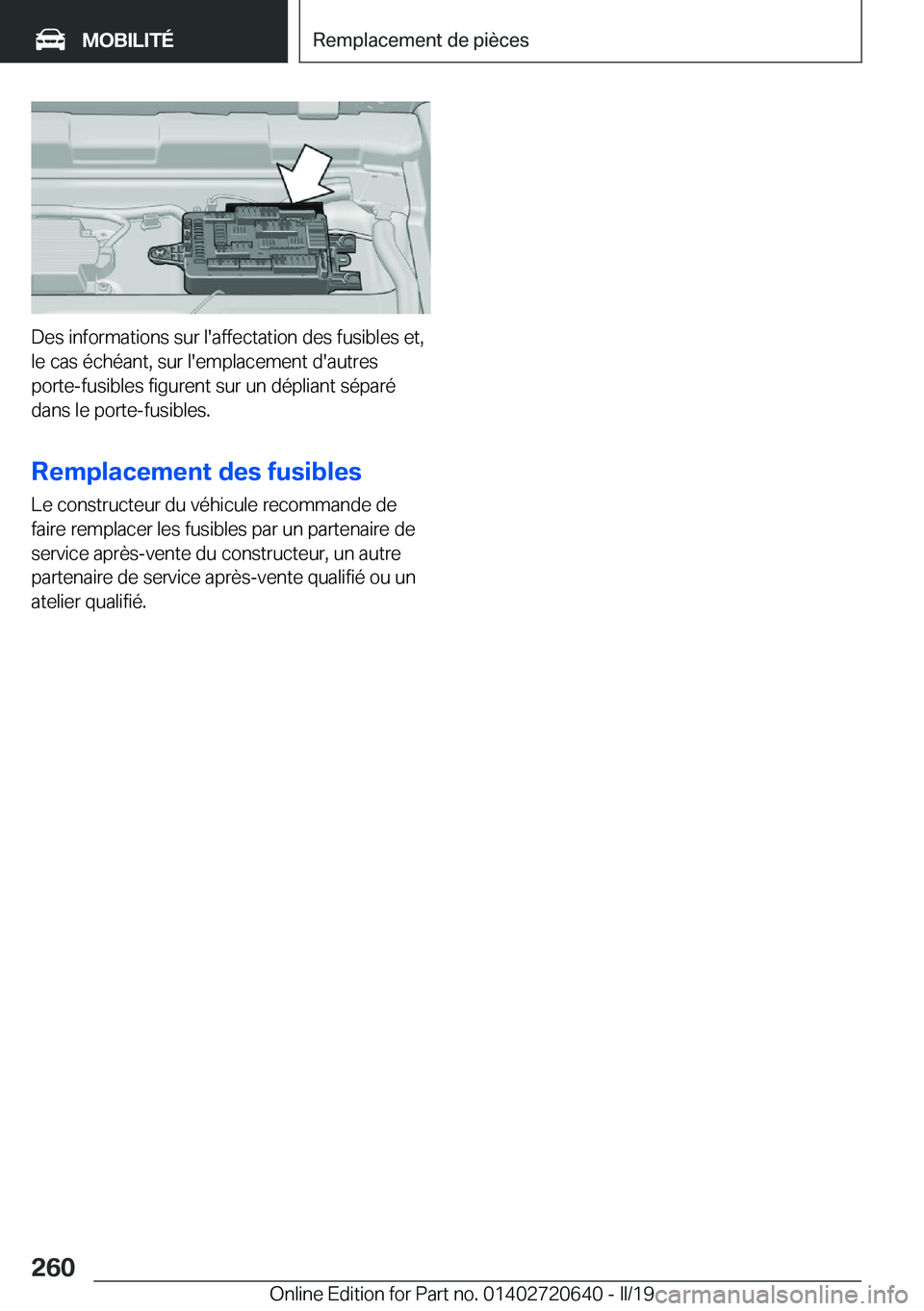 BMW M2 2020  Notices Demploi (in French) �D�e�s��i�n�f�o�r�m�a�t�i�o�n�s��s�u�r��l�'�a�f�f�e�c�t�a�t�i�o�n��d�e�s��f�u�s�i�b�l�e�s��e�t�,�l�e��c�a�s��é�c�h�é�a�n�t�,��s�u�r��l�'�e�m�p�l�a�c�e�m�e�n�t��d�'�a�u�t�r�e�s