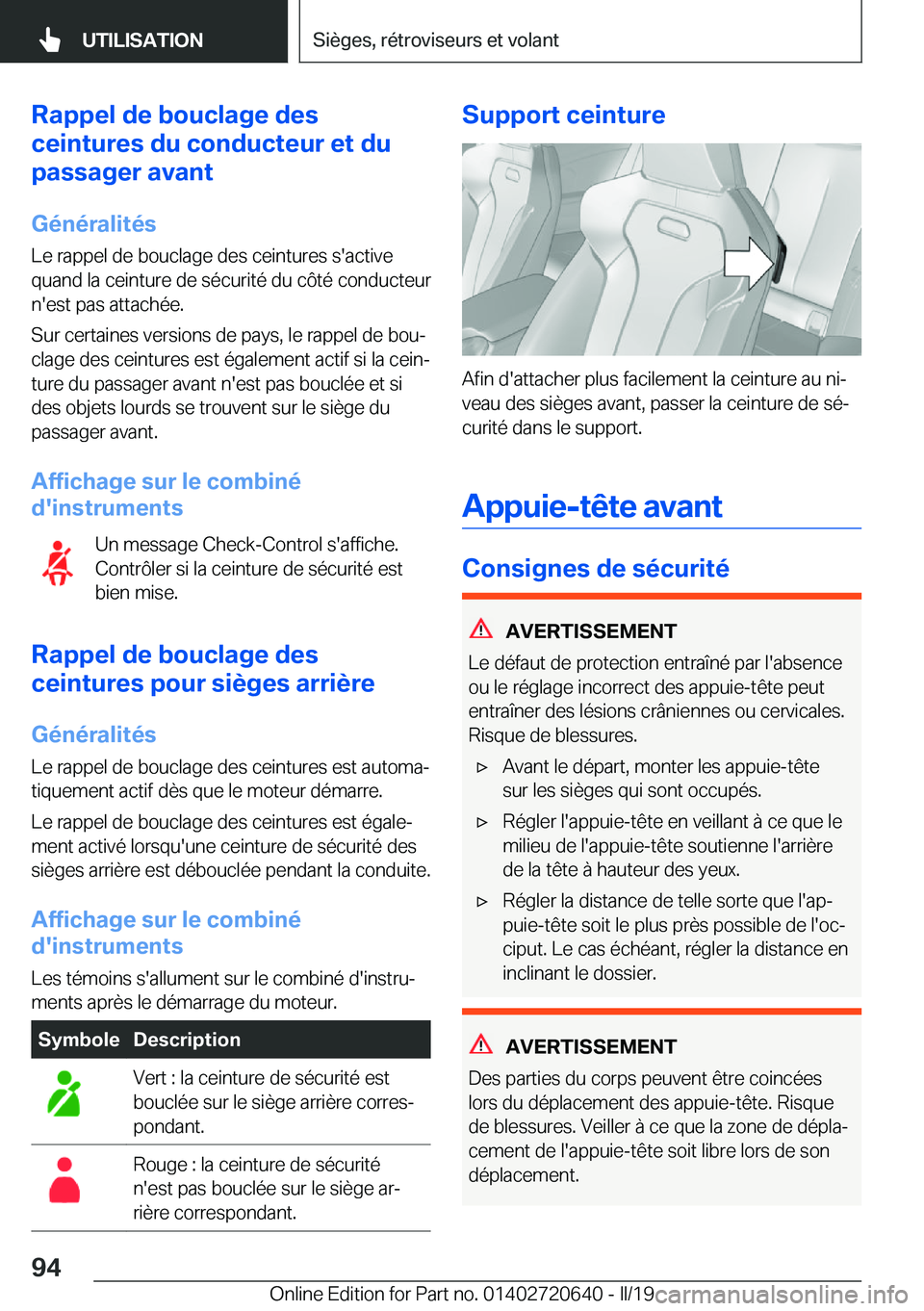 BMW M2 2020  Notices Demploi (in French) �R�a�p�p�e�l��d�e��b�o�u�c�l�a�g�e��d�e�s
�c�e�i�n�t�u�r�e�s��d�u��c�o�n�d�u�c�t�e�u�r��e�t��d�u
�p�a�s�s�a�g�e�r��a�v�a�n�t
�G�é�n�é�r�a�l�i�t�é�s
�L�e��r�a�p�p�e�l��d�e��b�o�u�c�l�a�g�