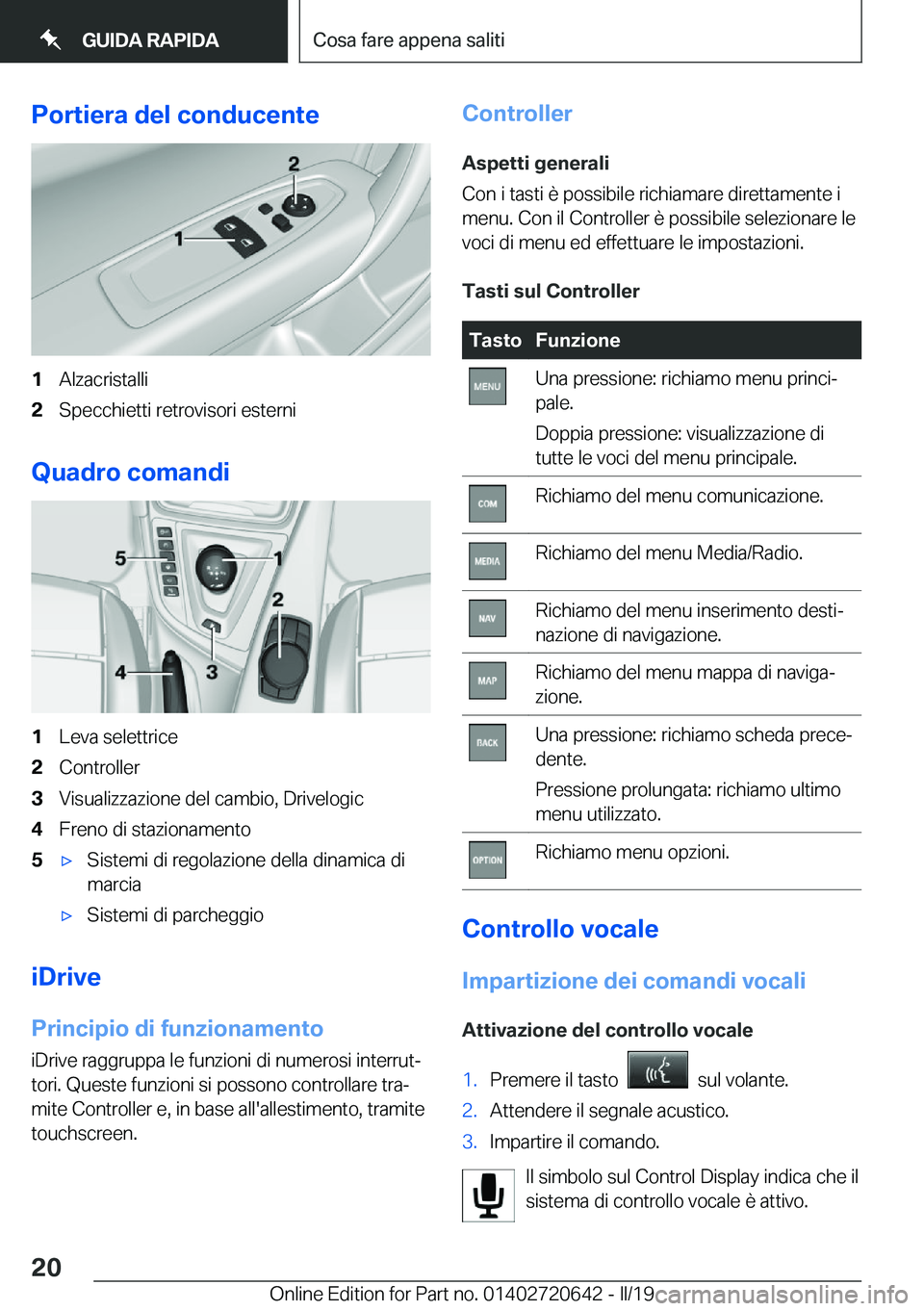 BMW M2 2020  Libretti Di Uso E manutenzione (in Italian) �P�o�r�t�i�e�r�a��d�e�l��c�o�n�d�u�c�e�n�t�e�1�A�l�z�a�c�r�i�s�t�a�l�l�i�2�S�p�e�c�c�h�i�e�t�t�i��r�e�t�r�o�v�i�s�o�r�i��e�s�t�e�r�n�i
�Q�u�a�d�r�o��c�o�m�a�n�d�i
�1�L�e�v�a��s�e�l�e�t�t�r�i�c�e
