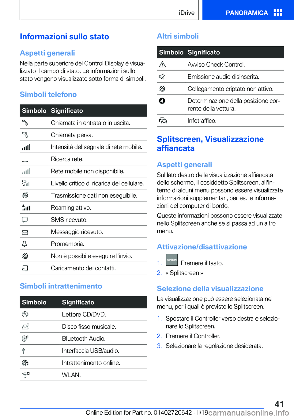 BMW M2 2020  Libretti Di Uso E manutenzione (in Italian) �I�n�f�o�r�m�a�z�i�o�n�i��s�u�l�l�o��s�t�a�t�o�A�s�p�e�t�t�i��g�e�n�e�r�a�l�i
�N�e�l�l�a��p�a�r�t�e��s�u�p�e�r�i�o�r�e��d�e�l��C�o�n�t�r�o�l��D�i�s�p�l�a�y��è��v�i�s�u�aª
�l�i�z�z�a�t�o�