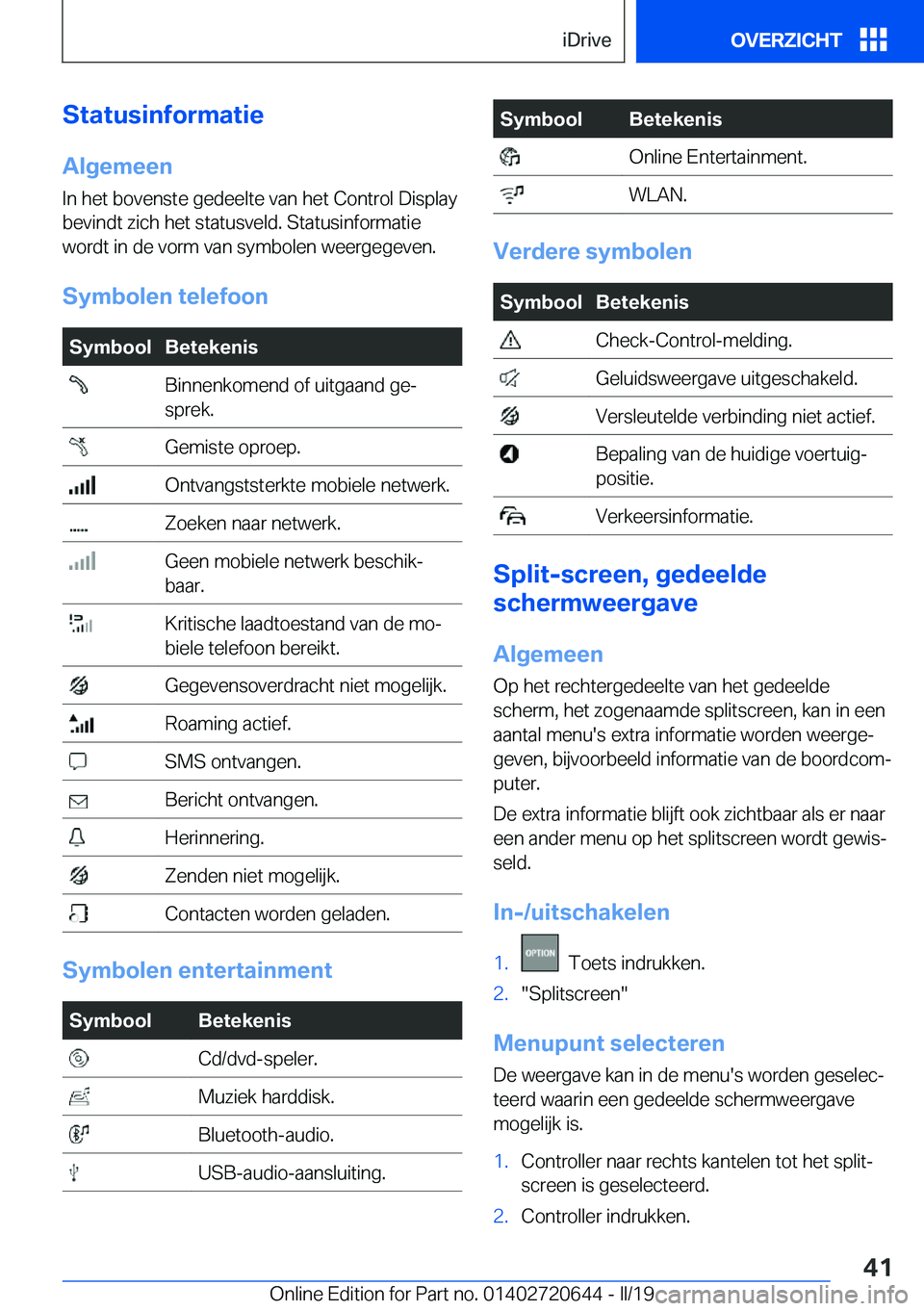 BMW M2 2020  Instructieboekjes (in Dutch) �S�t�a�t�u�s�i�n�f�o�r�m�a�t�i�e
�A�l�g�e�m�e�e�n �I�n��h�e�t��b�o�v�e�n�s�t�e��g�e�d�e�e�l�t�e��v�a�n��h�e�t��C�o�n�t�r�o�l��D�i�s�p�l�a�y�b�e�v�i�n�d�t��z�i�c�h��h�e�t��s�t�a�t�u�s�v�e�l�d