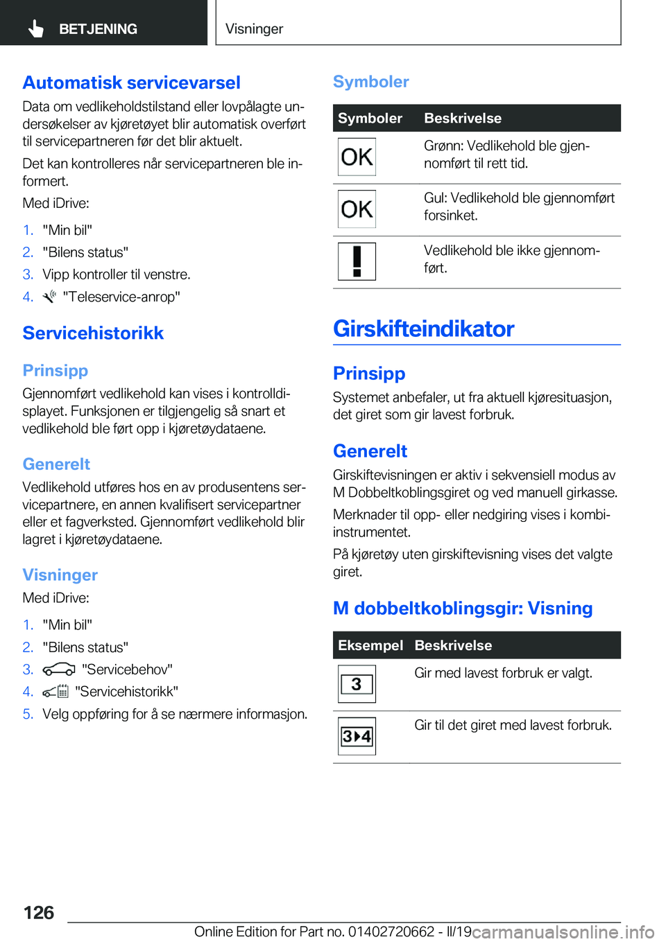 BMW M2 2020  InstruksjonsbØker (in Norwegian) �A�u�t�o�m�a�t�i�s�k��s�e�r�v�i�c�e�v�a�r�s�e�l
�D�a�t�a��o�m��v�e�d�l�i�k�e�h�o�l�d�s�t�i�l�s�t�a�n�d��e�l�l�e�r��l�o�v�p�å�l�a�g�t�e��u�nj
�d�e�r�s�