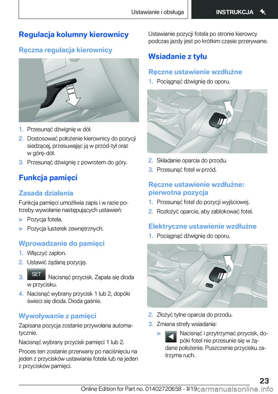 BMW M2 2020  Instrukcja obsługi (in Polish) �R�e�g�u�l�a�c�j�a��k�o�l�u�m�n�y��k�i�e�r�o�w�n�i�c�y
�R�