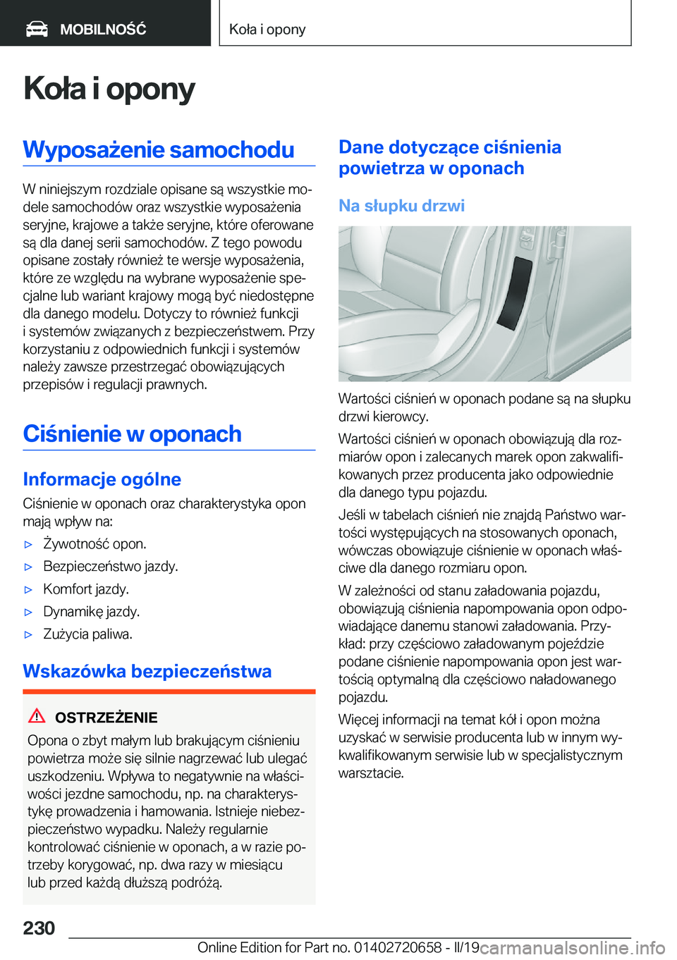 BMW M2 2020  Instrukcja obsługi (in Polish) �K�o�ł�a��i��o�p�o�n�y�W�y�p�o�s�a9�e�n�i�e��s�a�m�o�c�h�o�d�u
�W��n�i�n�i�e�j�s�z�y�m��r�o�z�d�z�i�a�l�e��o�p�i�s�a�n�e��s�
