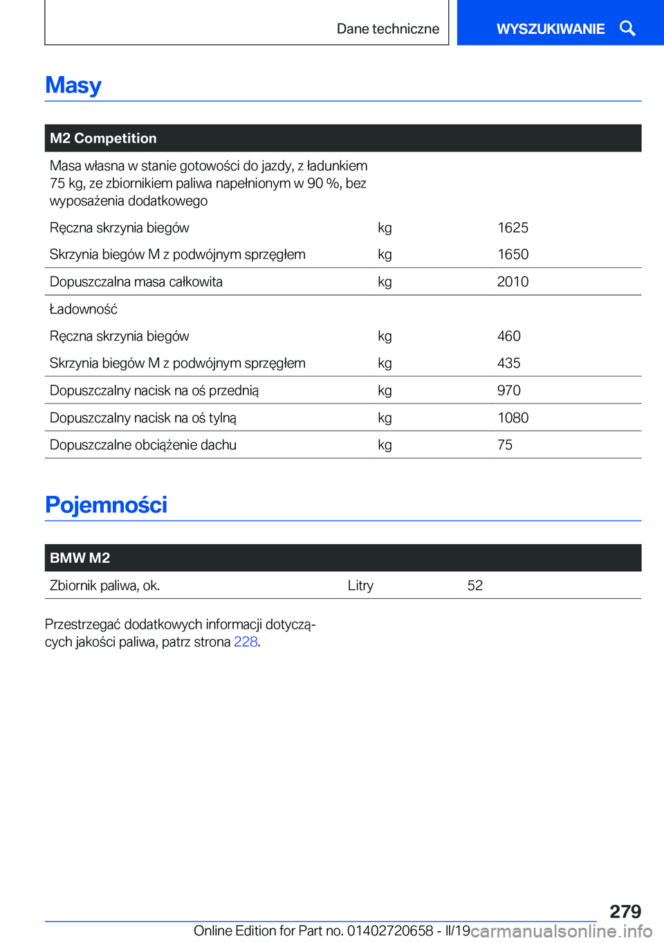 BMW M2 2020  Instrukcja obsługi (in Polish) �M�a�s�y
�
�M�2��C�o�m�p�e�t�i�t�i�o�n�M�a�s�a��w�ł�a�s�n�a��w��s�t�a�n�i�e��g�o�t�o�w�o�c�i��d�o��j�a�z�d�y�,��z��ł�a�d�u�n�k�i�e�m
�7�5��k�g�,��z�e��z�b�i�o�r�n�i�k�i�e�m��p�a�l�i�