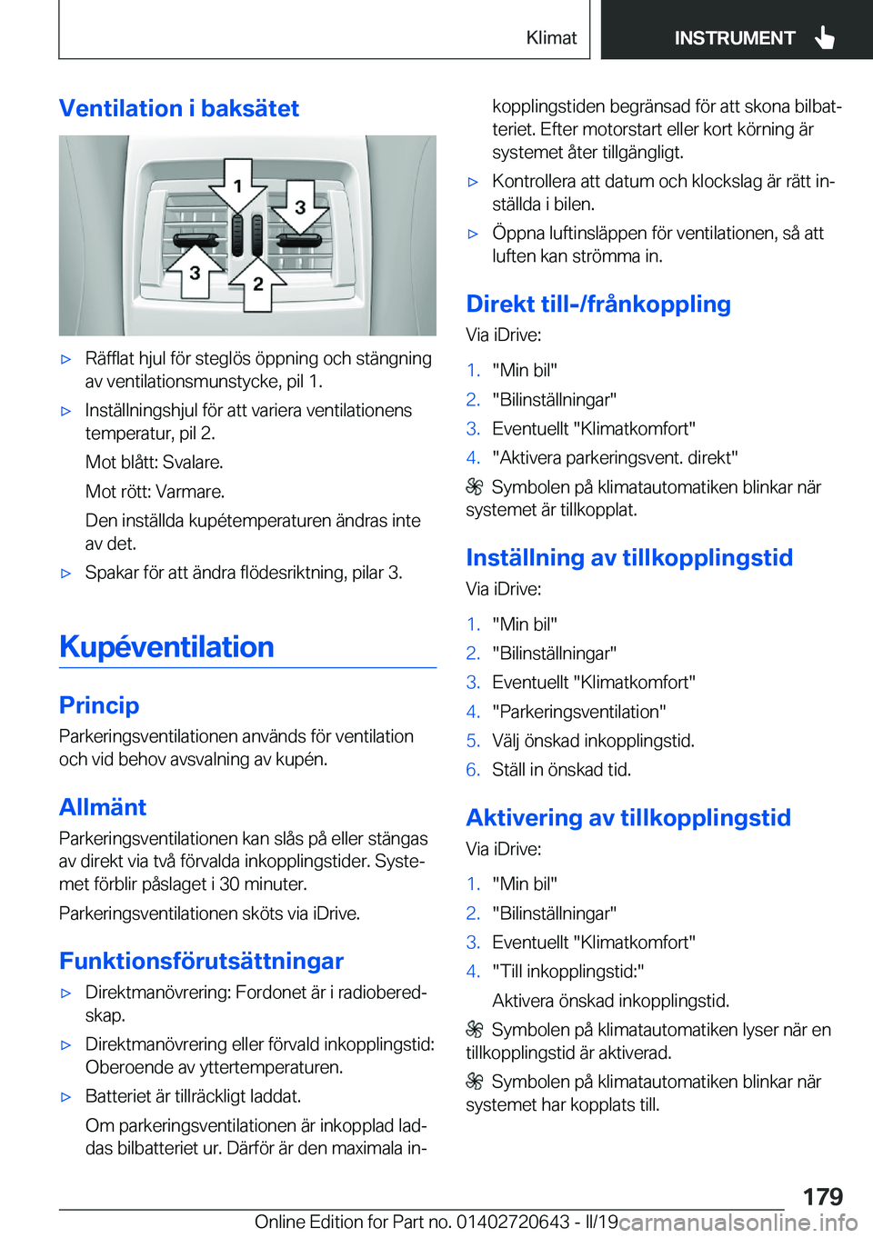 BMW M2 2020  InstruktionsbÖcker (in Swedish) �V�e�n�t�i�l�a�t�i�o�n��i��b�a�k�s�ä�t�e�t'x�R�ä�f�f�l�a�t��h�j�u�l��f�