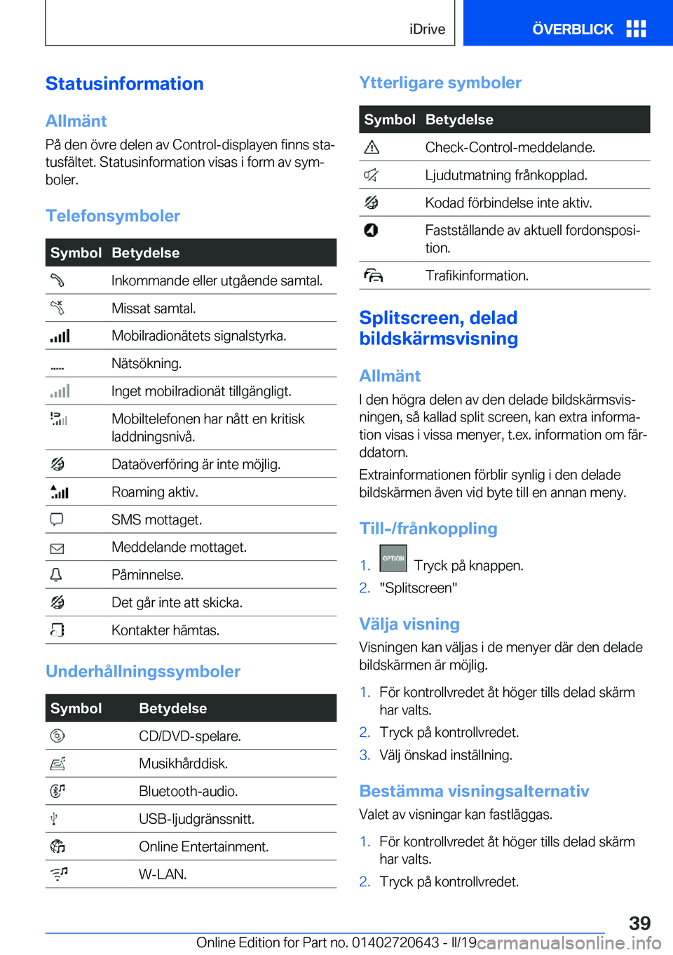 BMW M2 2020  InstruktionsbÖcker (in Swedish) �S�t�a�t�u�s�i�n�f�o�r�m�a�t�i�o�n�A�l�l�m�ä�n�t
�P�å��d�e�n��