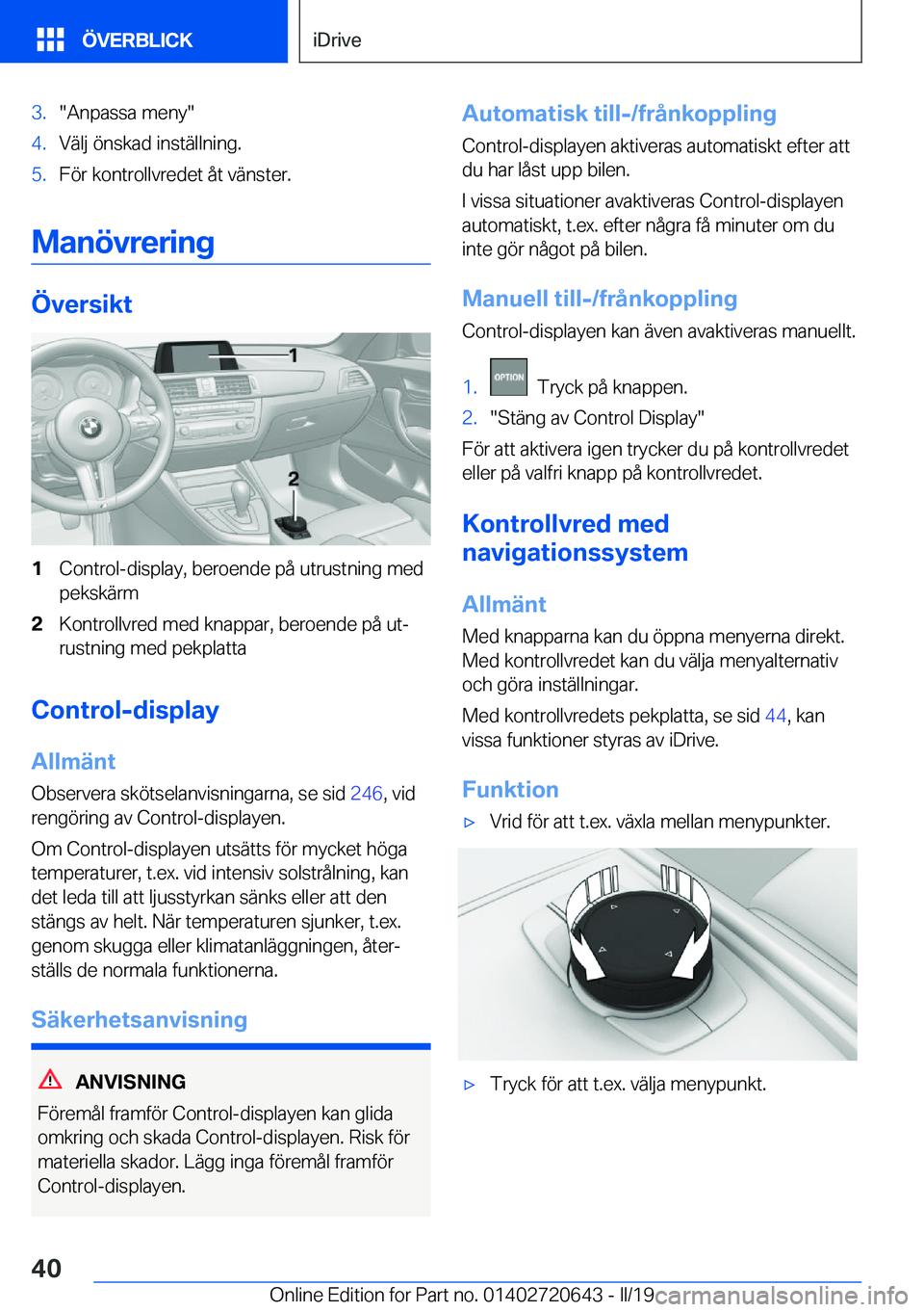 BMW M2 2020  InstruktionsbÖcker (in Swedish) �3�.��A�n�p�a�s�s�a��m�e�n�y��4�.�V�ä�l�j��