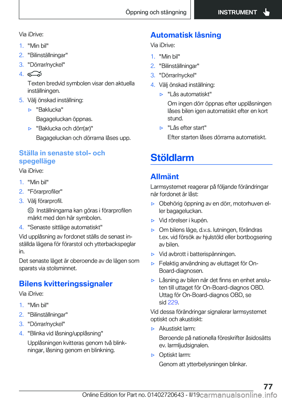 BMW M2 2020  InstruktionsbÖcker (in Swedish) �V�i�a��i�D�r�i�v�e�:�1�.��M�i�n��b�i�l��2�.��B�i�l�i�n�s�t�ä�l�l�n�i�n�g�a�r��3�.��D�