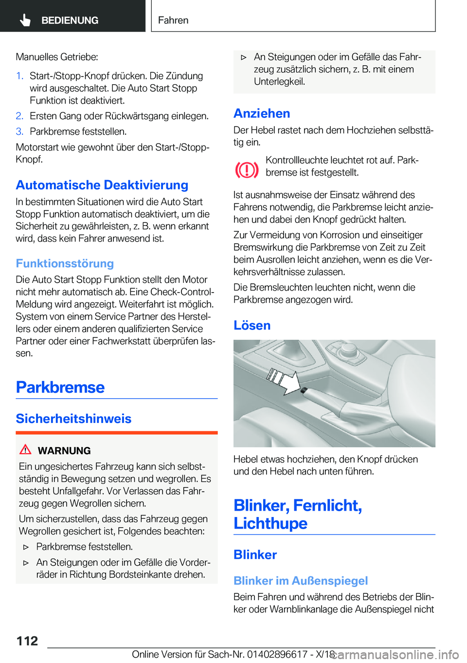 BMW M2 2019  Betriebsanleitungen (in German) �M�a�n�u�e�l�l�e�s��G�e�t�r�i�e�b�e�:�1�.�S�t�a�r�t�-�/�S�t�o�p�p�-�K�n�o�p�f��d�r�