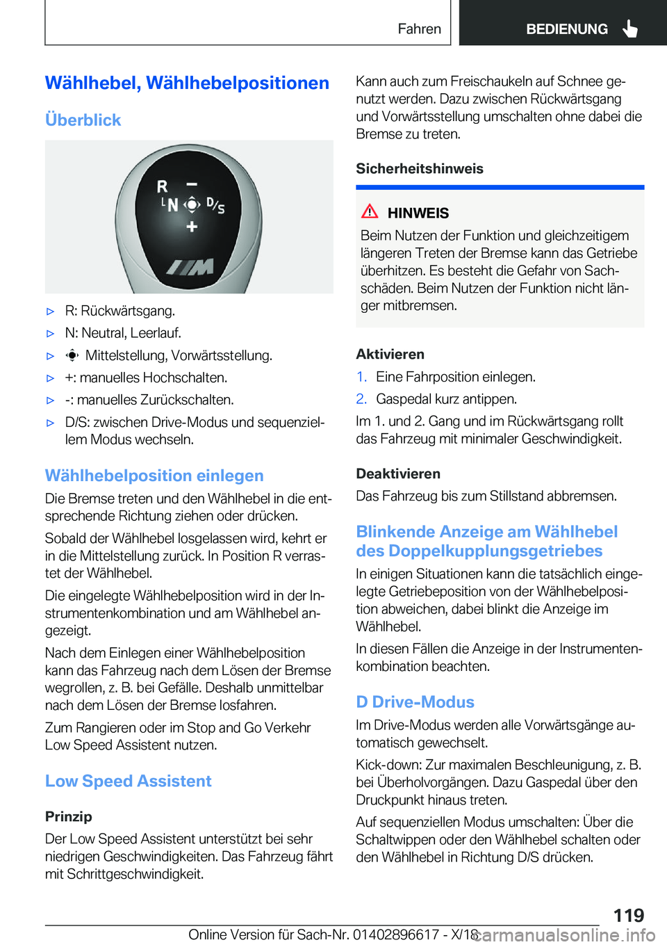 BMW M2 2019  Betriebsanleitungen (in German) �W�