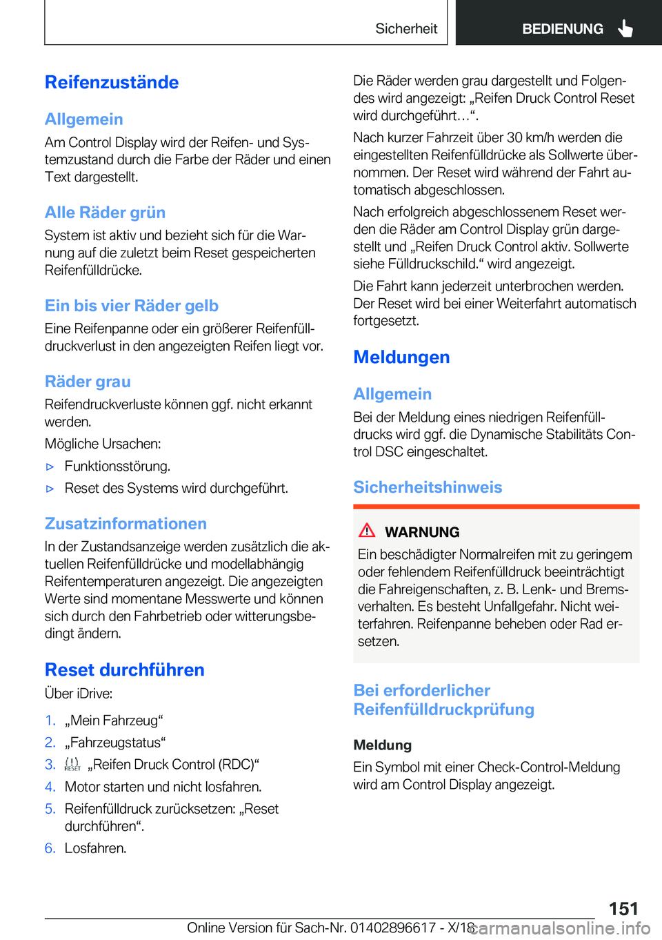 BMW M2 2019  Betriebsanleitungen (in German) �R�e�i�f�e�n�z�u�s�t�