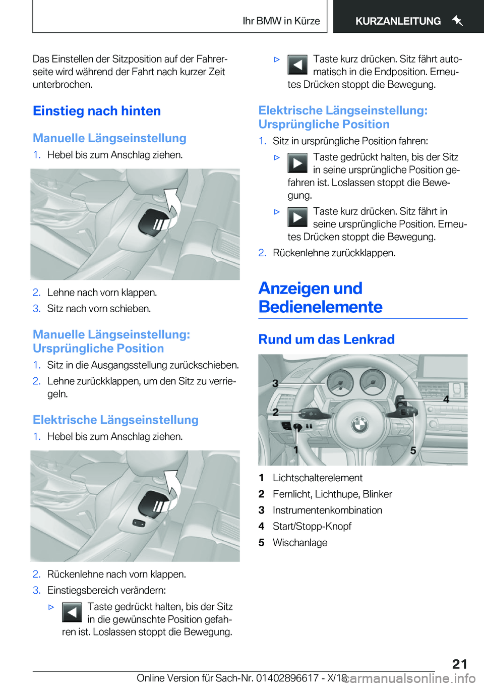 BMW M2 2019  Betriebsanleitungen (in German) �D�a�s��E�i�n�s�t�e�l�l�e�n��d�e�r��S�i�t�z�p�o�s�i�t�i�o�n��a�u�f��d�e�r��F�a�h�r�e�rj�s�e�i�t�e��w�i�r�d��w�
