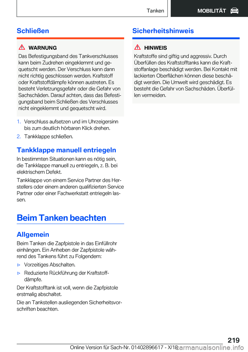 BMW M2 2019  Betriebsanleitungen (in German) �S�c�h�l�i�e�