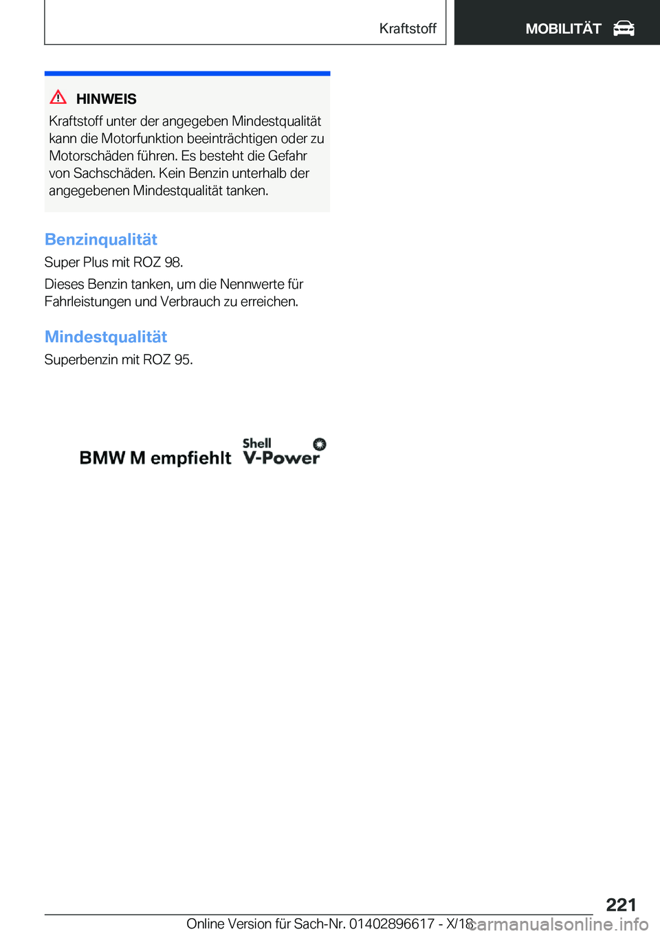 BMW M2 2019  Betriebsanleitungen (in German) �H�I�N�W�E�I�S
�K�r�a�f�t�s�t�o�f�f��u�n�t�e�r��d�e�r��a�n�g�e�g�e�b�e�n��M�i�n�d�e�s�t�q�u�a�l�i�t�