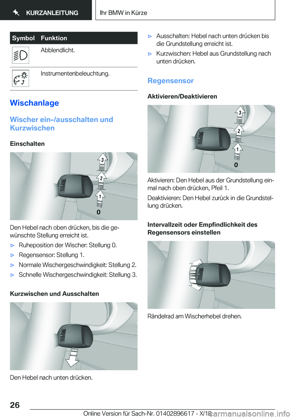 BMW M2 2019  Betriebsanleitungen (in German) �S�y�m�b�o�l�F�u�n�k�t�i�o�n�A�b�b�l�e�n�d�l�i�c�h�t�.�I�n�s�t�r�u�m�e�n�t�e�n�b�e�l�e�u�c�h�t�u�n�g�.
�W�i�s�c�h�a�n�l�a�g�e
�W�i�s�c�h�e�r��e�i�n�-�/�a�u�s�s�c�h�a�l�t�e�n��u�n�d
�K�u�r�z�w�i�s�c�