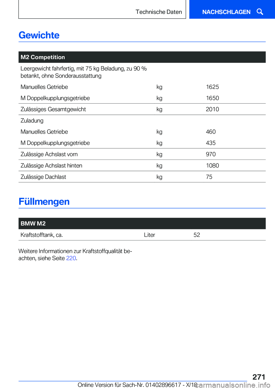 BMW M2 2019  Betriebsanleitungen (in German) �G�e�w�i�c�h�t�e
�
�M�2��C�o�m�p�e�t�i�t�i�o�n�L�e�e�r�g�e�w�i�c�h�t��f�a�h�r�f�e�r�t�i�g�,��m�i�t��7�5��k�g��B�e�l�a�d�u�n�g�,��z�u��9�0���b�e�t�a�n�k�t�,��o�h�n�e��S�o�n�d�e�r�a�u�s�s�t