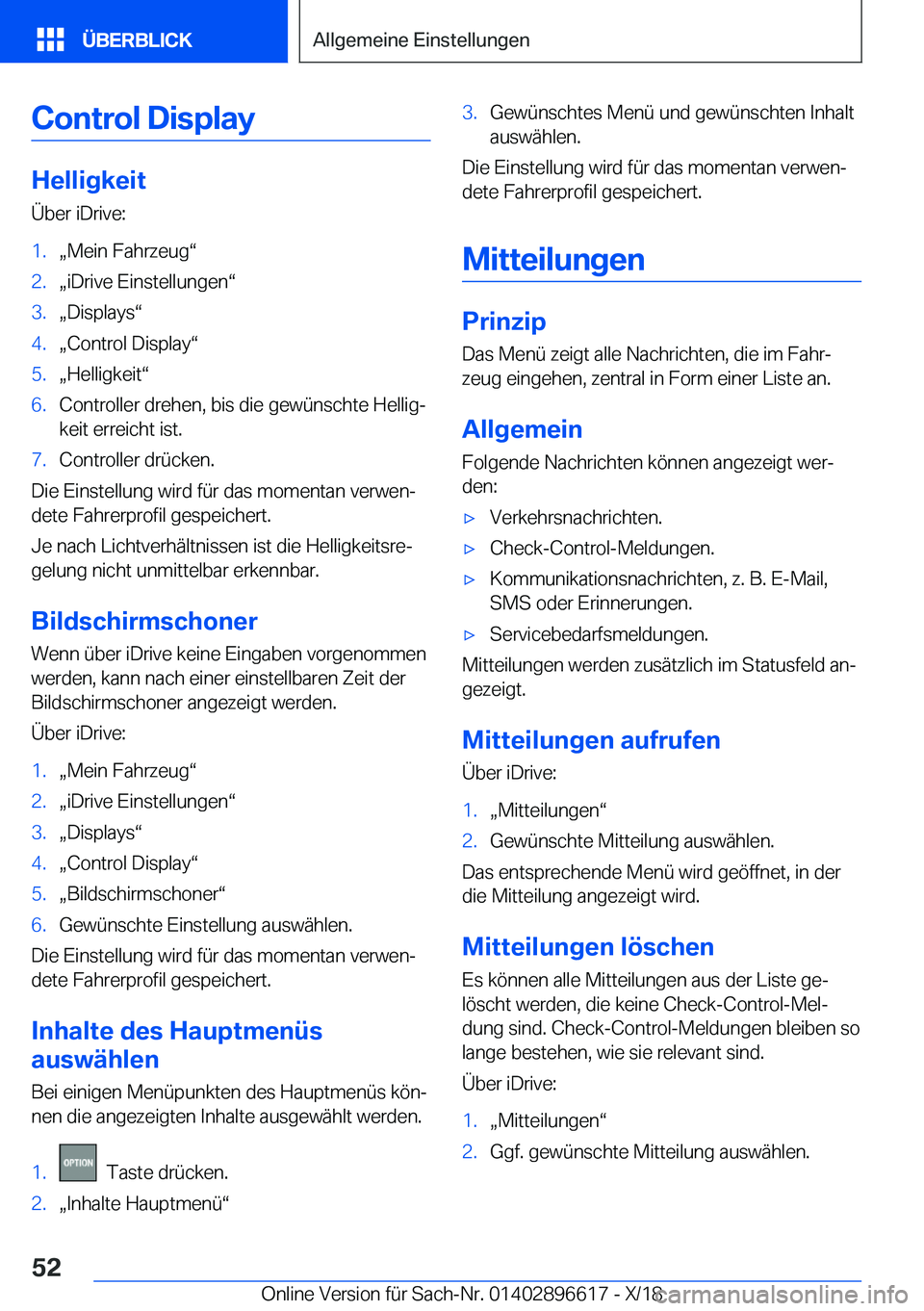 BMW M2 2019  Betriebsanleitungen (in German) �C�o�n�t�r�o�l��D�i�s�p�l�a�y
�H�e�l�l�i�g�k�e�i�t
�