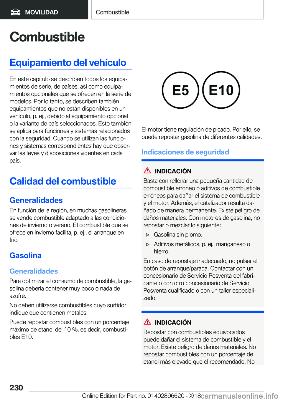 BMW M2 2019  Manuales de Empleo (in Spanish) �C�o�m�b�u�s�t�i�b�l�e�E�q�u�i�p�a�m�i�e�n�t�o��d�e�l��v�e�h�