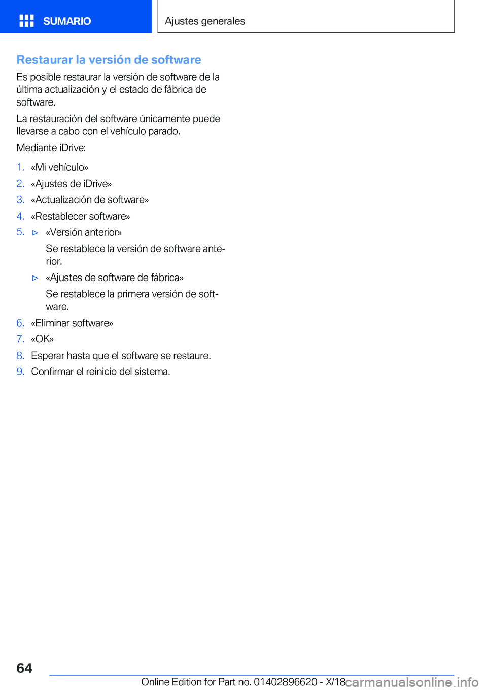 BMW M2 2019  Manuales de Empleo (in Spanish) �R�e�s�t�a�u�r�a�r��l�a��v�e�r�s�i�