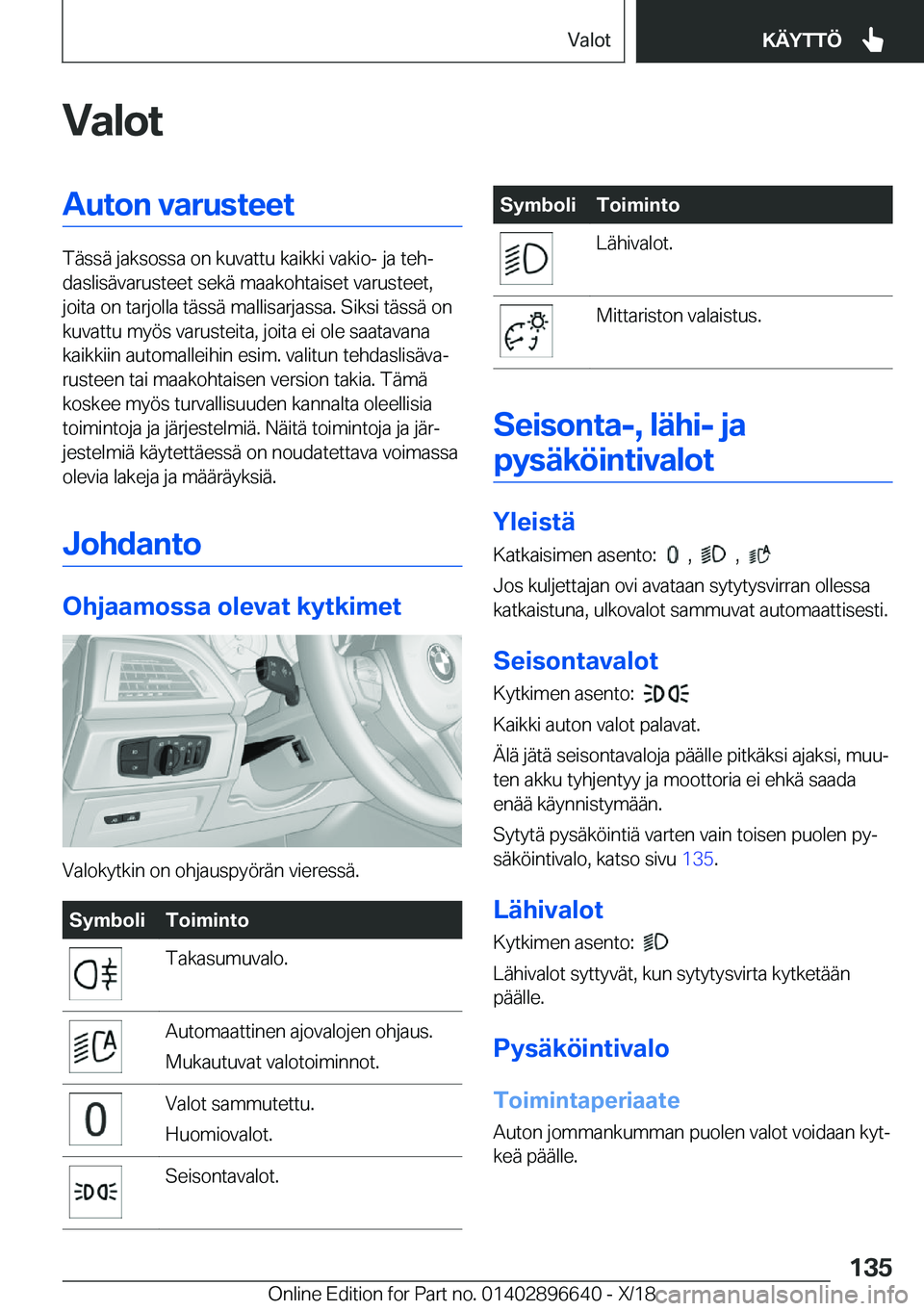 BMW M2 2019  Omistajan Käsikirja (in Finnish) �V�a�l�o�t�A�u�t�o�n��v�a�r�u�s�t�e�e�t
�T�