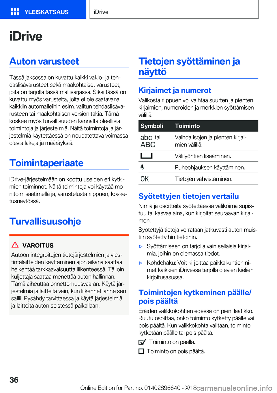 BMW M2 2019  Omistajan Käsikirja (in Finnish) �i�D�r�i�v�e�A�u�t�o�n��v�a�r�u�s�t�e�e�t
�T�