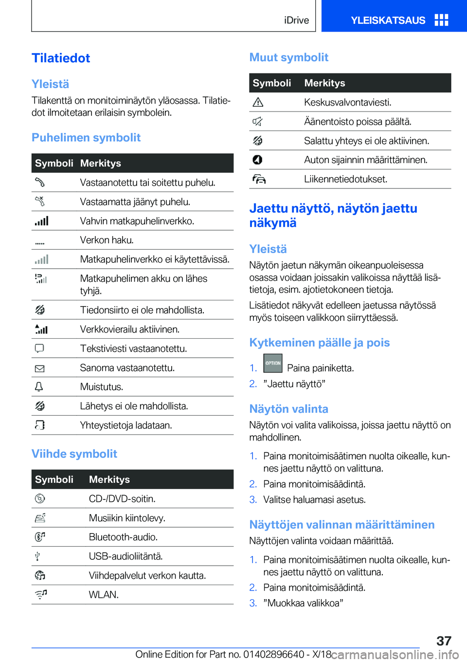 BMW M2 2019  Omistajan Käsikirja (in Finnish) �T�i�l�a�t�i�e�d�o�t
�Y�l�e�i�s�t�