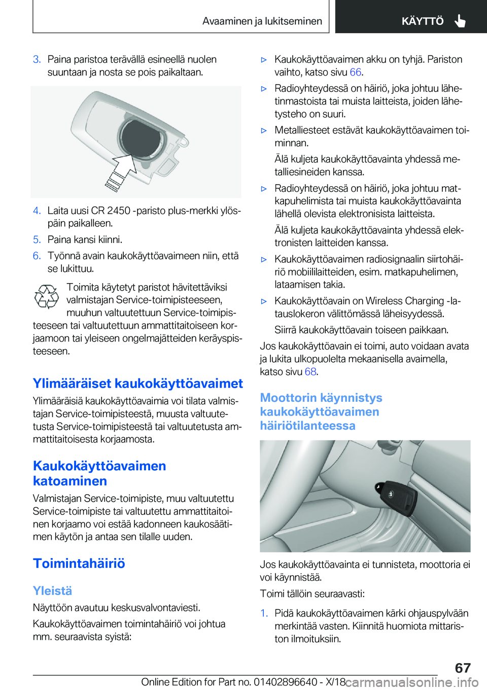 BMW M2 2019  Omistajan Käsikirja (in Finnish) �3�.�P�a�i�n�a��p�a�r�i�s�t�o�a��t�e�r�