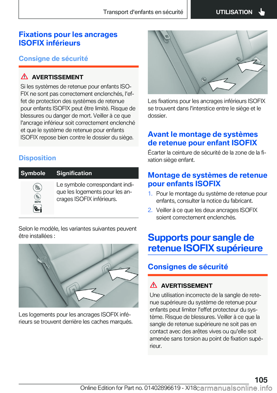 BMW M2 2019  Notices Demploi (in French) �F�i�x�a�t�i�o�n�s��p�o�u�r��l�e�s��a�n�c�r�a�g�e�s
�I�S�O�F�I�X��i�n�f�é�r�i�e�u�r�s
�C�o�n�s�i�g�n�e��d�e��s�é�c�u�r�i�t�é
�A�V�E�R�T�I�S�S�E�M�E�N�T
�S�i��l�e�s��s�y�s�t�è�m�e�s��d�e�