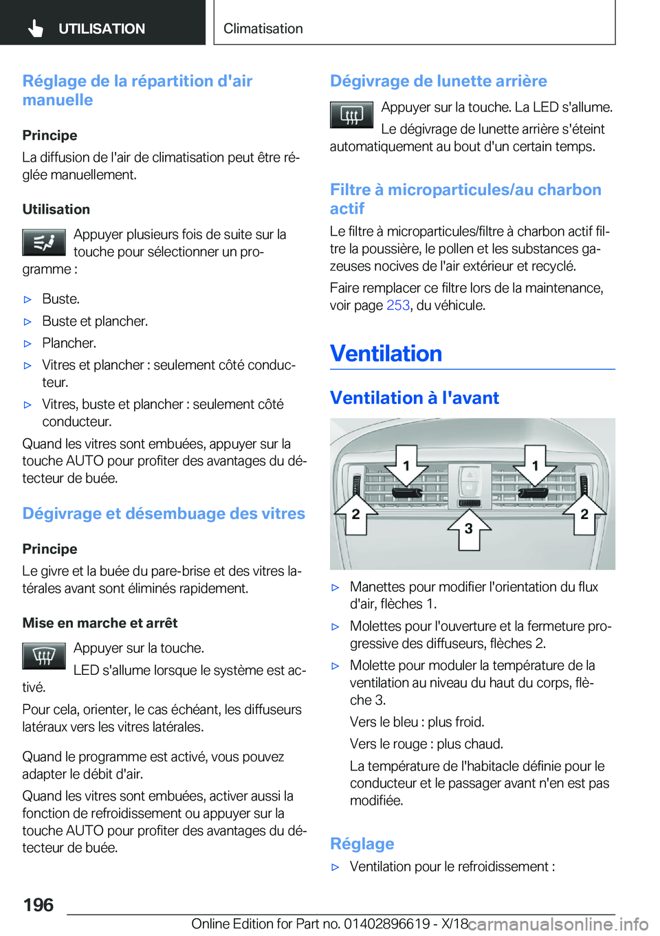 BMW M2 2019  Notices Demploi (in French) �R�é�g�l�a�g�e��d�e��l�a��r�é�p�a�r�t�i�t�i�o�n��d�'�a�i�r
�m�a�n�u�e�l�l�e
�P�r�i�n�c�i�p�e
�L�a��d�i�f�f�u�s�i�o�n��d�e��l�'�a�i�r��d�e��c�l�i�m�a�t�i�s�a�t�i�o�n��p�e�u�t��ê�t