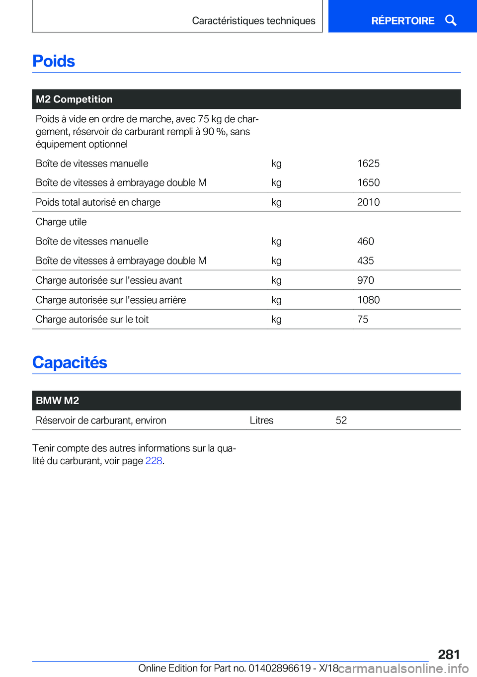 BMW M2 2019  Notices Demploi (in French) �P�o�i�d�s
�
�M�2��C�o�m�p�e�t�i�t�i�o�n�P�o�i�d�s��