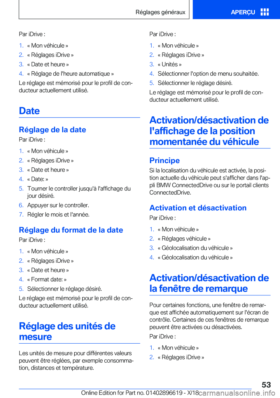 BMW M2 2019  Notices Demploi (in French) �P�a�r��i�D�r�i�v�e��:�1�.�k��M�o�n��v�é�h�i�c�u�l�e��{�2�.�k��R�é�g�l�a�g�e�s��i�D�r�i�v�e��{�3�.�k��D�a�t�e��e�t��h�e�u�r�e��{�4�.�k��R�é�g�l�a�g�e��d�e��l�'�h�e�u�r�e��a�u�t�