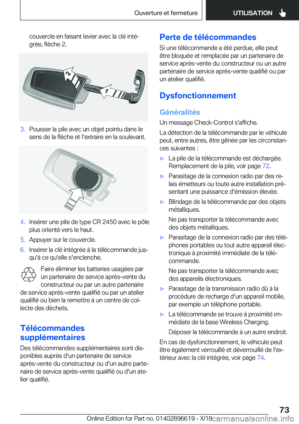BMW M2 2019  Notices Demploi (in French) �c�o�u�v�e�r�c�l�e��e�n��f�a�i�s�a�n�t��l�e�v�i�e�r��a�v�e�c��l�a��c�l�é��i�n�t�éj�g�r�é�e�,��f�l�è�c�h�e��2�.�3�.�P�o�u�s�s�e�r��l�a��p�i�l�e��a�v�e�c��u�n��o�b�j�e�t��p�o�i�n�t�u